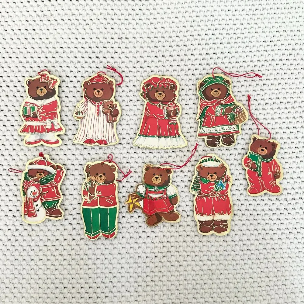 Vintage Die Cut Holiday Cute Bear Double Sided Paper Oraments Holiday Set of 9